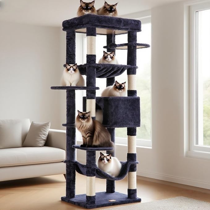 Heybly Cat Tree for Large Cats 20 lbs, 69 inches Cat Tower HCT031G | Heavy Duty Cat Condo for Indoor Cats, Multi-Level Furniture with Big Padded Plush Perch, Cozy Basket, Smoky Gray