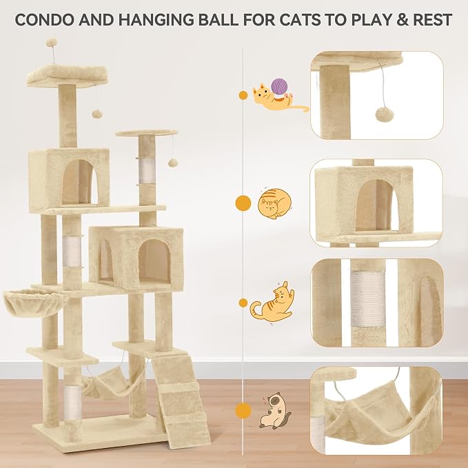 YITAHOME 75 Inch Heavy Duty Cat Trees for Large Cats | Cat Tower Indoor with Scratching Post, Hammock, Cat Condo, Beige
