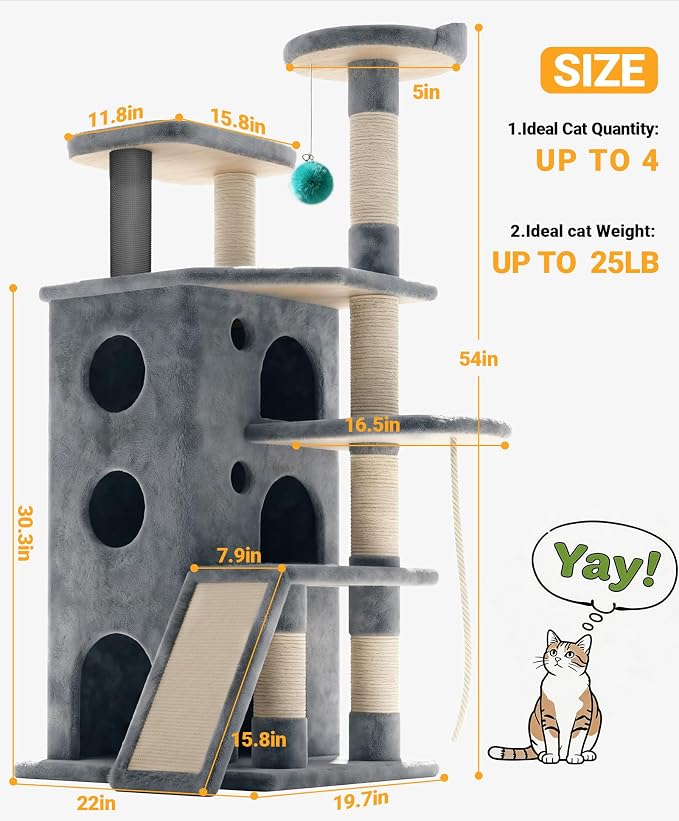 Eco-Wood Cat Tree Tower,【Top Heavy Duty】 Cat Tower for All Indoor Cats | 54” Super Sturdy Cat Tower Bed with 6 Scratching Posts, Scratch rope, Scratcher, 3 Enlarged Cat Condos, Jumping Perches