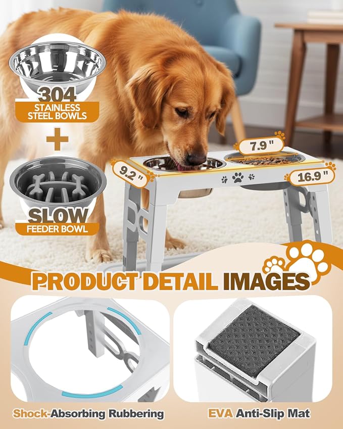 Jovrun Elevated Dog Bowls for Medium Large Dogs with Mat, Non-Slip Dog Feeder with 1*Stainless Steel Dishes & 1*Slow Feeder Bowl, 5 Heights Adjustable Raised Bowls for 3.15″-8.66″-9.84″-11.02″-12.2″