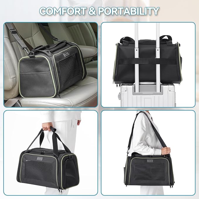 PETSFIT Pet Carrier Airline Approved with Extendable Mat, Dog Carriers for Small Dogs, TSA Approved Pet Carrier, Puppy Carrier for Small and Medium Cats Under 12 Lbs, Black