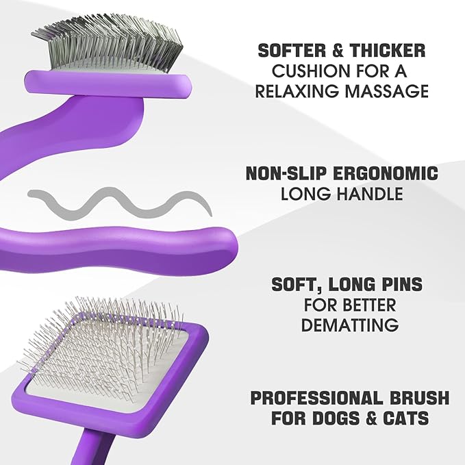 Bonteck Dog Slicker Brush for Dogs Grooming Kit 5PCS | Large Dog Brush for Goldendoodles Poodles Doodles | Long Pin Haired Brush | Poodle Brushes and Comb (Purple)