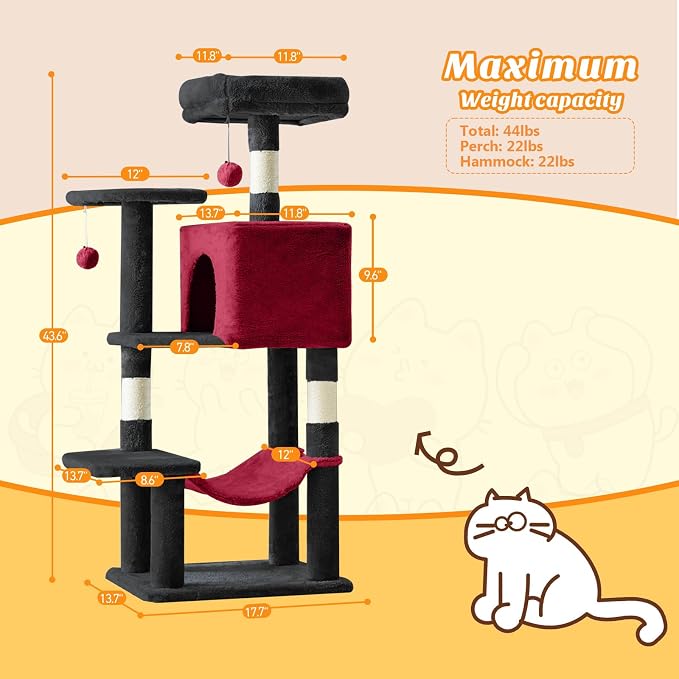 DUMOS 44 Inch Cat Tree Tower with Natural Sisal Scratching Posts | Small Cat Tree with Hammock, Pet Condo for Indoor Cats and Kittens Play, Black and Red