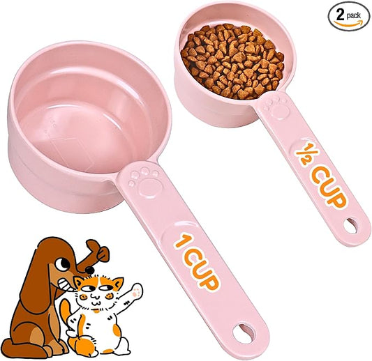 1 Cup & 1/2 Cup Dog Food Scoop, Extra Long Handle Sturdy Melamine Pet Food Measuring Scoop with Clear Marking Lines, BPA-Free, Shatterproof, Dishwasher Safe (Pink*2, 1 Cup + 1/2 Cup)