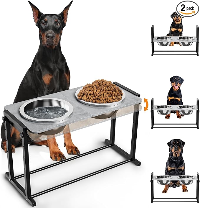Elevated Dog Bowls for Extra Large Dogs, 4 Height Adjustable Tilted Raised Dog Bowl Stand with 2 Stainless Steel 150 oz Bowls, 16.1" Tall Dogs Bowl Stand Feeder for Giant Breed