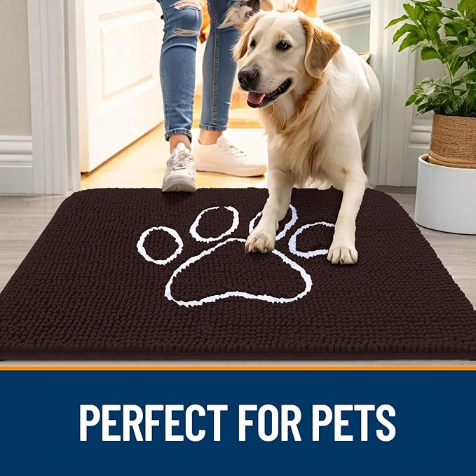 OLANLY Dog Door Mat for Muddy Paws 70x24, Paw Print Design Chenille Mud Mat | Brown, Absorbent, Traps Moisture and Dirt, Non-Slip Washable Doormat, Quick-Drying Indoor Entryway Floor Carpet for Dogs