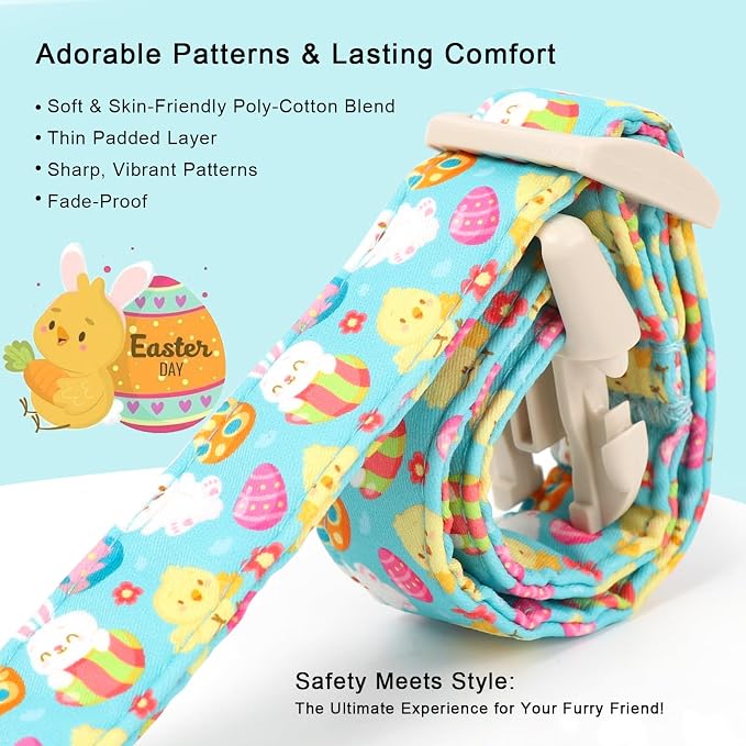 Easter Dog Collar for Large Dogs - Cute Easter Egg Hunt Dog Collars for Boy Girl Dogs, Playful Bunny & Chick Print, Lightweight Adjustable Spring Holiday Dog Collar L