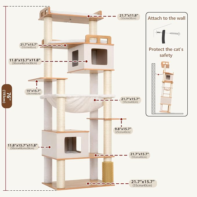 Cat Tree, Wooden Multi-Level Tower for Large Audlt Cats GCT104WB | 76" Cat House Furniture with Big Hammock, 2 Condos，2 Wood Platforms with Safety Railing, Sisal Scratching Posts, Walnut