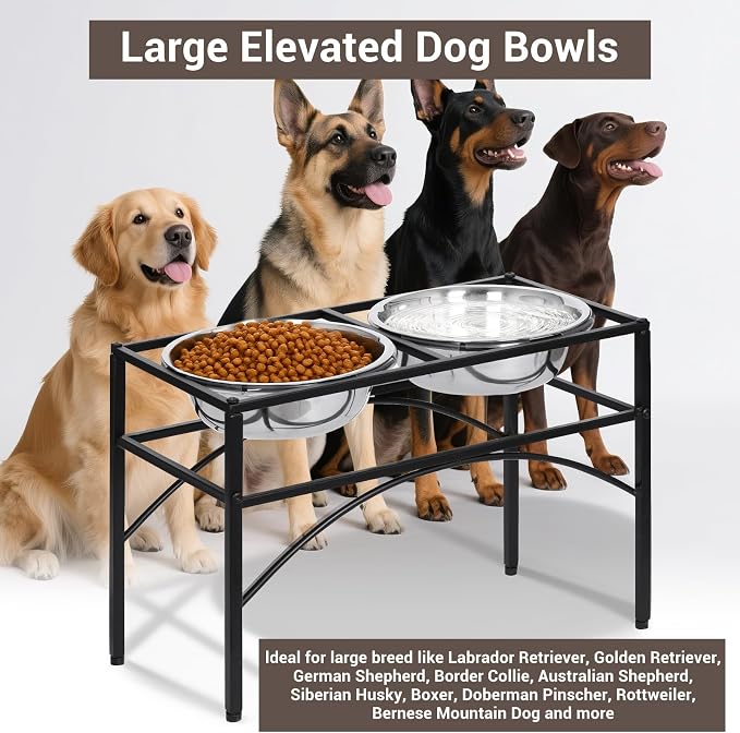 Elevated Dog Bowls Raised Pet Feeder Cat Food Water Diner Stand Set | W/ 2 Removable Stainless Steel Bowls (2 Quarts/13.77" in Height) for Large Breed Dogs Easy to Clean