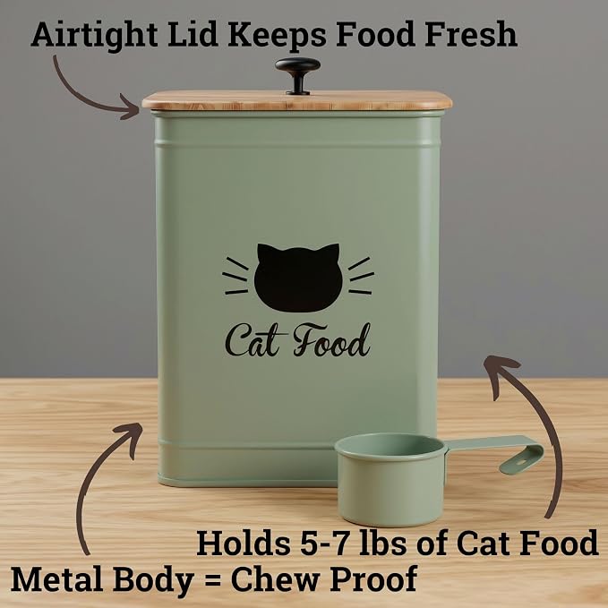 Metal Cat Food Container with Scoop 5-7 lb (25 Cup), w/ Airtight Bamboo Lid | Cat Kibble Canister with Metal Scoop, 25 Cups, Chew Proof Iron Body, Powder Coated, Airtight Bamboo Lid, Sturdy Metal Handle