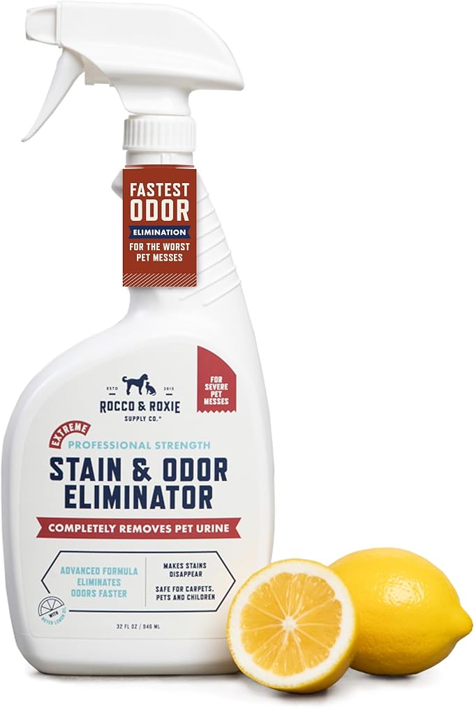 Rocco & Roxie Extreme Enzyme Stain & Odor Eliminator Spray | Bio-enzymatic + mineral formula; Meyer lemon scent; for carpets, bedding, litter boxes, crates, cars & laundry; made in USA