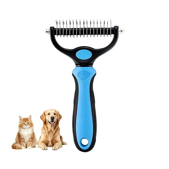 Dematting Comb for Dogs and Cats, Undercoat Rake Pet Brush for Long Hair, Deshedding Dog Brush Removes Tangles Knots and Loose Fur, Grooming Tool for Thick Coats (Blue L)