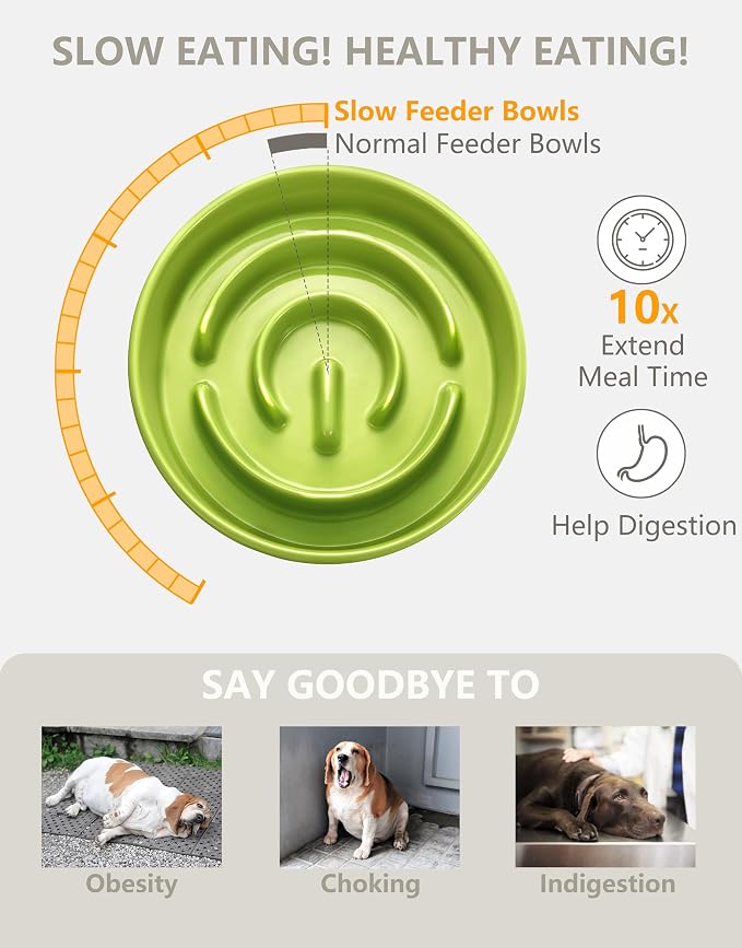 Ceramic Slow Feeder Dog Bowls Elevated, 2.0 Cups Slow Feeder for Medium Dogs, Puzzle Maze Bowl to Slow Down Eating, 30oz, 8in, Green