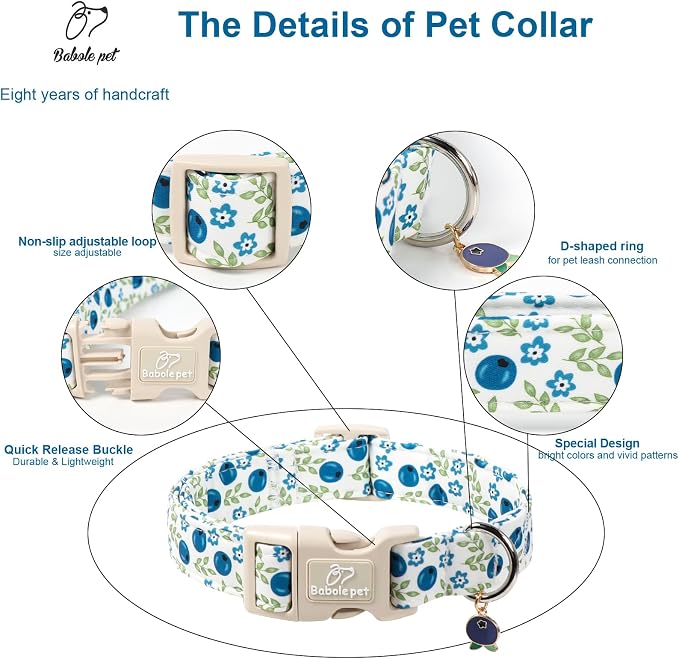 Spring/Summer Dog Collar for Large Dogs - Fresh Blueberry Girl Boy Dog Collars, Soft Lightweight Puppy Collar, Breathable Adjustable Male Female Fruit Floral Dogs Collars XL