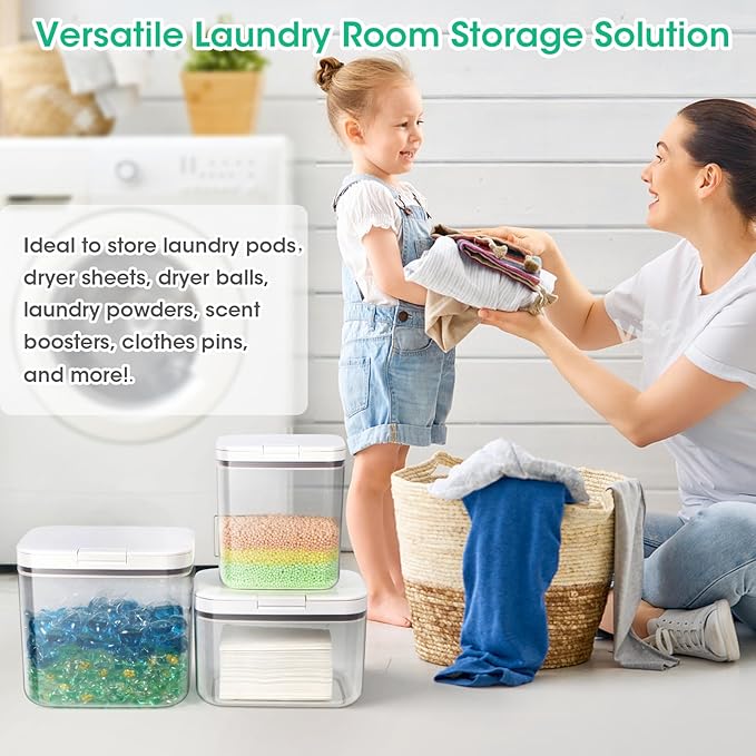 2 Pack Laundry Pods Container with One-Click Pop-up Lid 95 oz + 68 oz | Laundry Room Detergent Storage Containers for Laundry Powder, Scent Booster, Dryer Sheet, Dryer Ball, Dishwasher Pod Holder