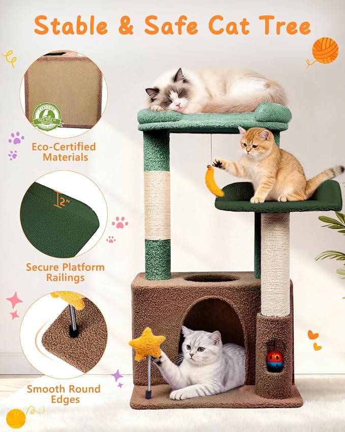 Small Cat Tree, Compact 30" Cat Tower for Indoor Kittens | Plush Finish, Cozy Condo, Soft Top Perch, Sisal Scratching Post, Dangling Ball Toy, Anti-Tip Base, for Cats up to 15 lbs