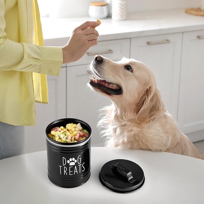OUTNILI Small Dog Treat Container Airtight - 6" Tall X 4.9" Round Black Dog Treat Jar for Kitchen Counter - Rustic Treat Storage Canister for Dogs, Cats, Small Animals - Gifts for Pet Owners