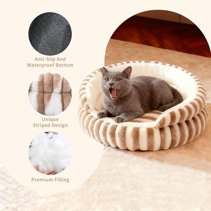 Cat Bed for Indoor Cats,20in Kitten Bed Donut Washable, Calming Fluffy with Non-Slip Base Pet Bed,Cat Bed Warm for Winter