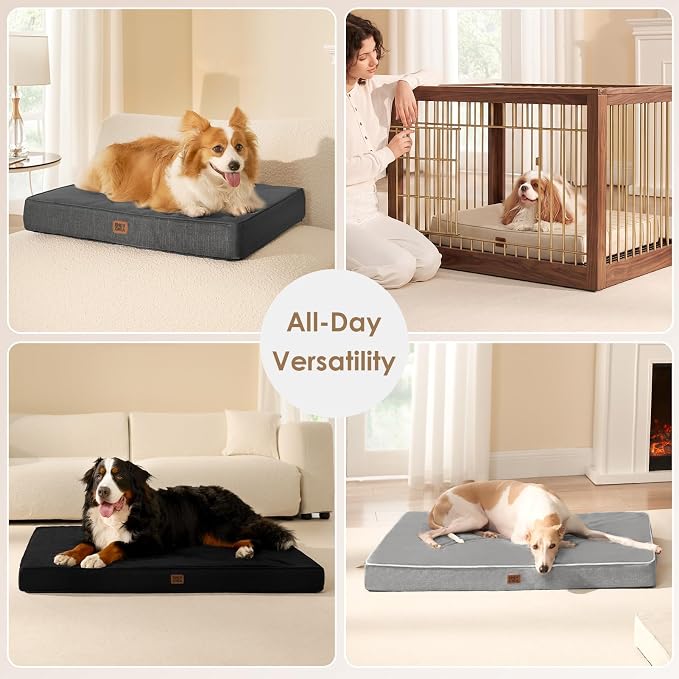 EHEYCIGA Large Memory Foam Dog Crate Bed Washable, 35x23Inch, Black | High Density Egg Crate Foam, Waterproof Liner, Removable Easy Clean Cover, Non-Slip Bottom, Fits Crate, Floor and Sofa