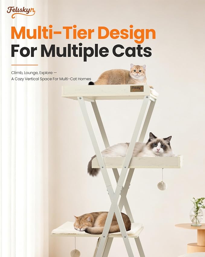 Modern Wood Cat Tree Tower for Indoor Cats Large Adult 67-in Tall | Heavy Duty XL Stable Wooden Cat Condo House Furniture with Multi-Level Spacious Perch Scratching Board Soft Washable Pads