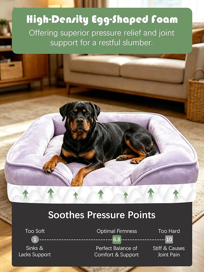 Spotted Play Orthopedic Dog Bed with Sides - Sofa Beds for Extra Large Dogs, Supportive Foam Pet Couch Bed with Washable Removable Cover, Waterproof Lining and Non-Slip Bottom, Purple - XL