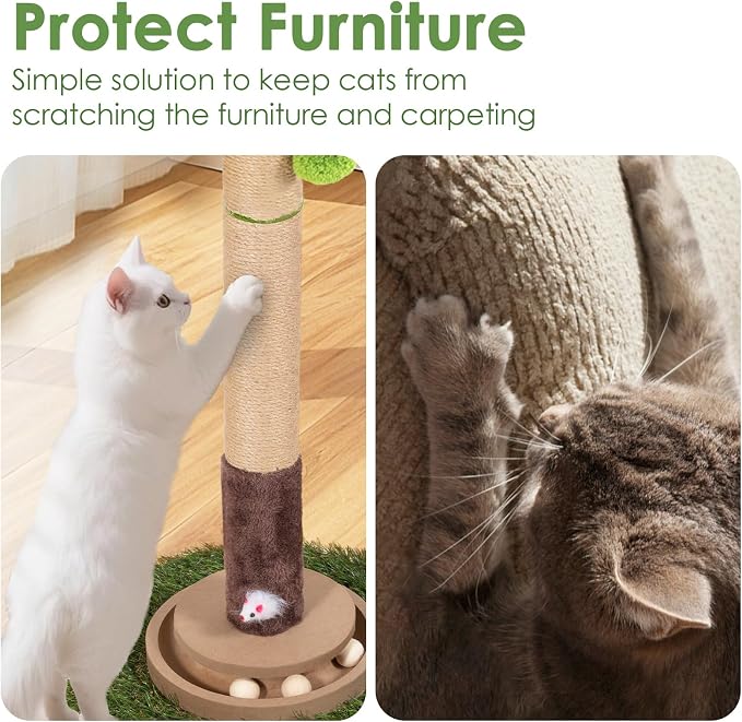 Cat Scratching Post, 35 Inch Tall Cat Scratcher Cat Tree Tower with Hanging Ball for Indoor Cats Adults,Sisal Rope Kitten Scratch with Interactive Mouse Cat Toy (41in, Watermelon Leaves)