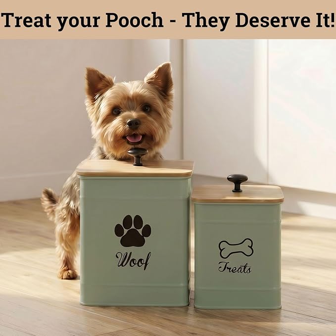 Dog Treat Container Set of 2 with Airtight Bamboo Lids - 8x6 & 7x5 inch | Fits All Popular Treats, Up to 20 Cups Combined Capacity, Airtight Bamboo Lid, Easy Open Lid, Dent-Resistant Durable Metal