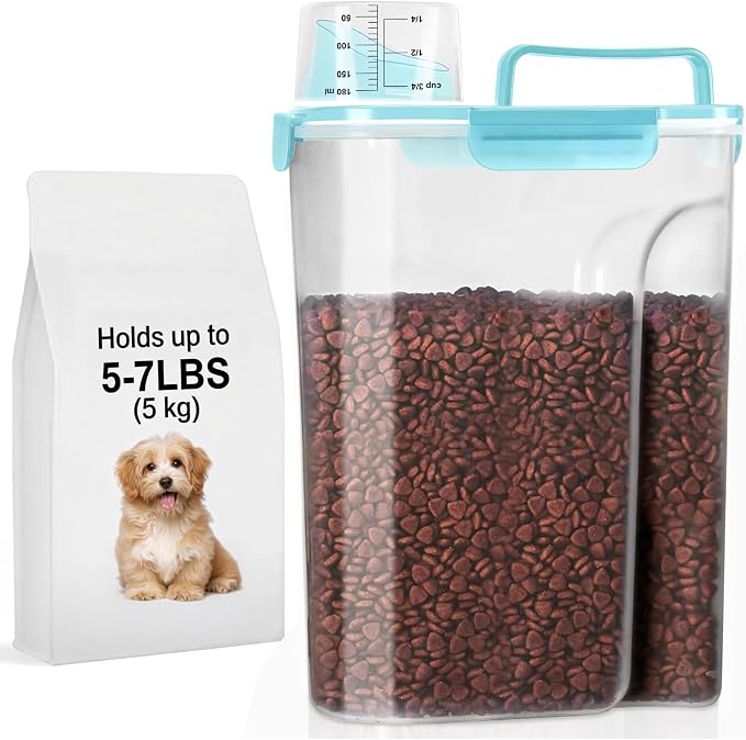 LEAWALK 5-7Lbs Cat Dog Storage Container, Portable Pet Food Containers with Upgraded Large Spout and Cup, Small Animal Kibble Dispenser for Bird Seed, Oatmeal, Rice, Flour-Clear Blue