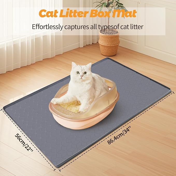 Cat Litter Mat for Litter Box 34"x22" Large Silicone Mat, Dark Grey | Waterproof Non-Slip Litter Box Mat with Raised Edges, Cat Litter Trapping Mat for Pet, Cat Litter Rug for Floor