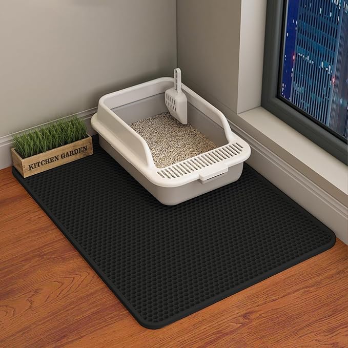 Cat Litter Mat Cat Litter Trapping Mat, 30 x 22 inch Honeycomb Double Layer Design, Urine and Water Proof Material, Scatter Control, Less Waste, Easier to Clean, Washable black