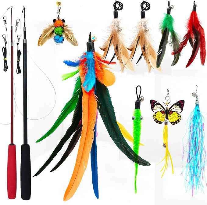 miwoowim Cat Toys Interactive for Indoor Cats, 2PCS Ultra-Long Teaser(50"+38")+9PCS Da Bird Feather Refills, Fishing Pole Toy,Retractable Cat Wand Toy and Feather Toys Refills Attachment Replacement