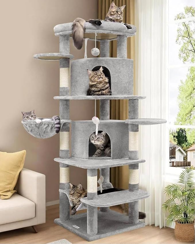 Globlazer 66in Corner Cat Tree Tower for Indoor Large Cat, C66, Light Grey | Space-Saving Stable Adult Cat Tower with 6 Scratching Posts, 2 Large Fan-shaped Condos & Top Perch, Hammock, Climbing Steps