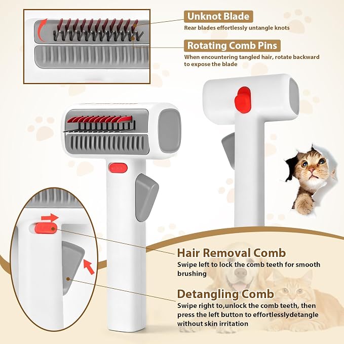 Deshedding Brush for Cats - 2-in-1 Pet Dematting Comb & Undercoat Rake | Cat Hair Removal Brush Self-Cleaning Hair Removal Brush Safely removes tangles, knots, and loose hair from your pet
