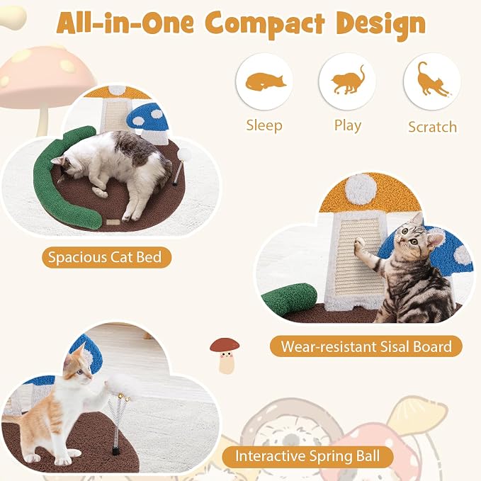 PETSITE Mushroom Cat Tree for Indoor Cats, Modern Small Cute Cat Tree with Natural Sisal Scratching Board, and Teasing Spring Ball (17 Inches Tall)