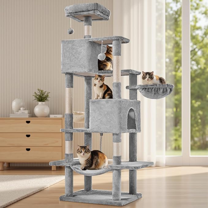Large 66 Inch Cat Tree Tower with Sisal Scratching Post | Multi-Level Cat Climbing Tower with Hammock, Pet Condo for Indoor Cats and Kittens, Light Grey