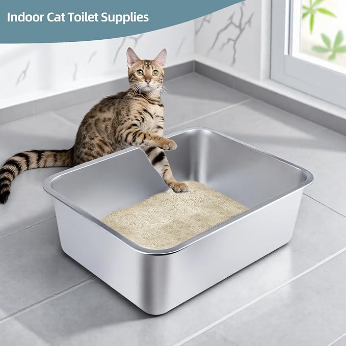 Stainless Steel Cat Litter Box - Medium Litter Box for Cats, Rabbits, and Pets, Non-Stick, Odor-Free, Easy to Clean, Splash-Proof, Sturdy and Durable (20" L x 13.8" W x 3.94" H)