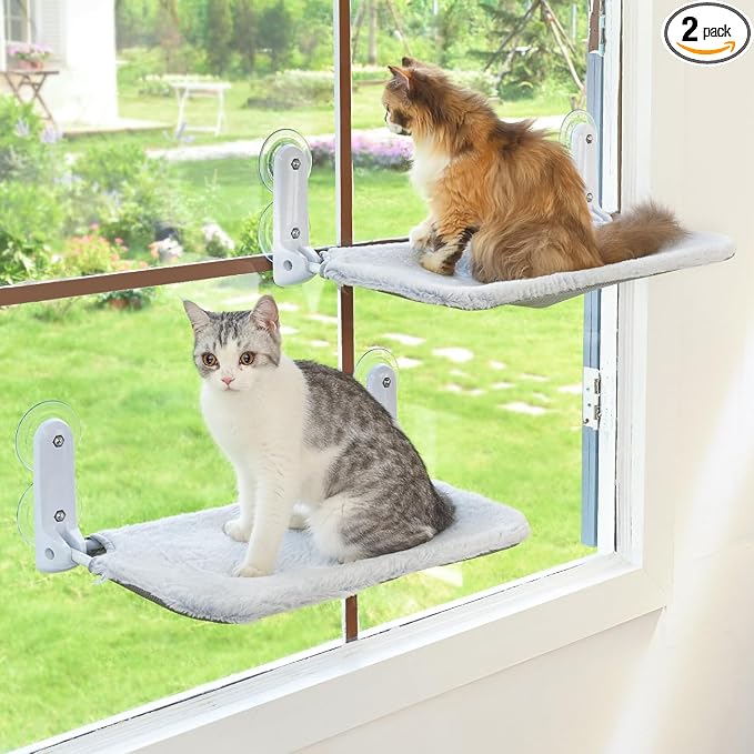Zoratoo 2PC Cat Window Perch, Foldable & Cordless with Metal Frame, L Gray | 2-in-1 Reversible Cover, Removable for Machine Wash, Stable Window Resting Seat with Large Suction Cups for Indoor Cats