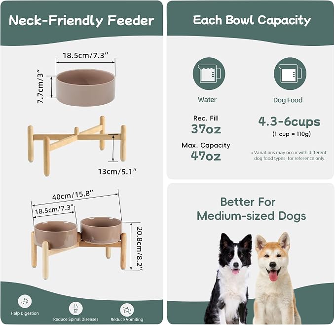 Havniva 7.3inch Ceramic Raised Dog Bowl with Stand, Double Dog Bowls Elevated for Medium Breed Dog Food and Water Bowl Set Non-Slip Dog Dish Large Capacity Feeding Pet Water Bowl