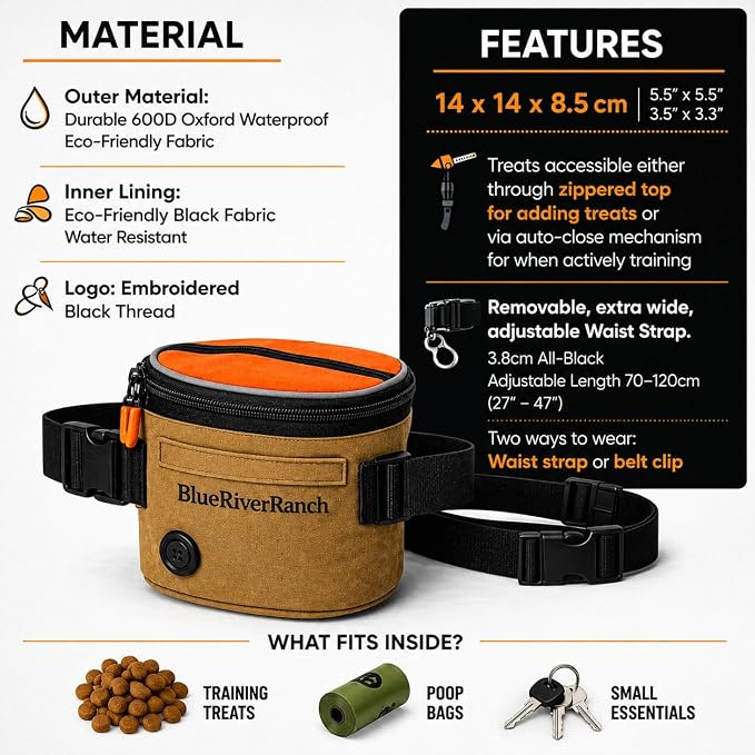 Dog Treat Pouch, Auto-Close One-Hand Access Training Treat Bag with Adjustable Waist Belt, Hands-Free Reward Pouch for Dog Training, Walking, Hiking & Obedience
