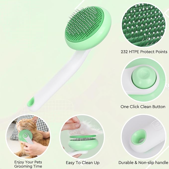 Cat Grooming Glove Brush, Self-Cleaning Slicker Pet Brush | Self-Cleaning Dog Bath Brush for Shedding and Grooming, Removes Loose Hair and Tangles for Short and Long Haired Pets, Green