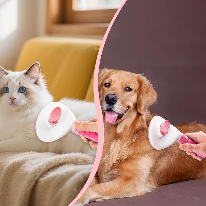 Depets Cat Brush for Shedding, Skin Friendly Self-Clean Dog Slicker Brush | Removes Loose Undercoat, for Dogs Cats Rabbits Long & Short Hair, Pet Grooming Tool with Rounded Tips, Ergonomic Handle, Pink