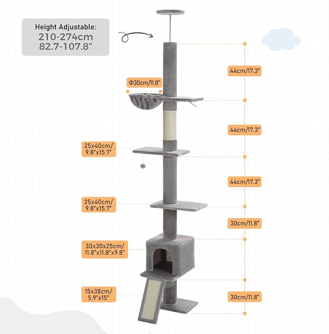 PEQULTI Floor to Ceiling Cat Tree, Adjustable 83-108in 5-Level Tower, Grey | Tension-mounted tall cat tower with 5 levels, cozy condo, hammock & sisal scratching post; wide base for indoor adult cats