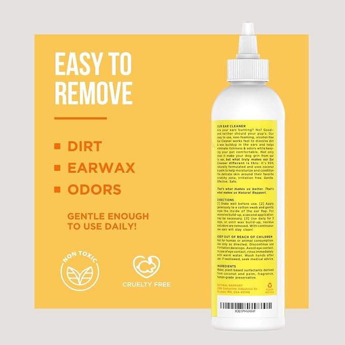 Natural Rapport Dog Ear Cleaning Drops, Gentle Wax & Debris Wash, 8 oz | Gentle natural solution, safe for puppies & cats - Cleans wax, dirt & odor - For all dogs and cats