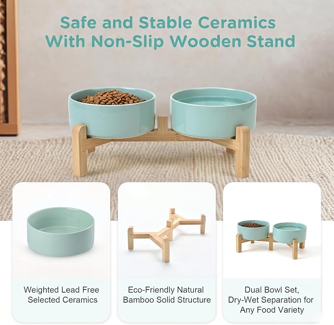 SPUNKYJUNKY Elevated Dog Bowls Ceramic, 5.1'' Dogs and Cat Food Water Bowls Raised with Non-Slip Bamboo Stand for Puppy Small Sized Breed Microwave Dishwasher Safe - 13.5 OZ,Light Green