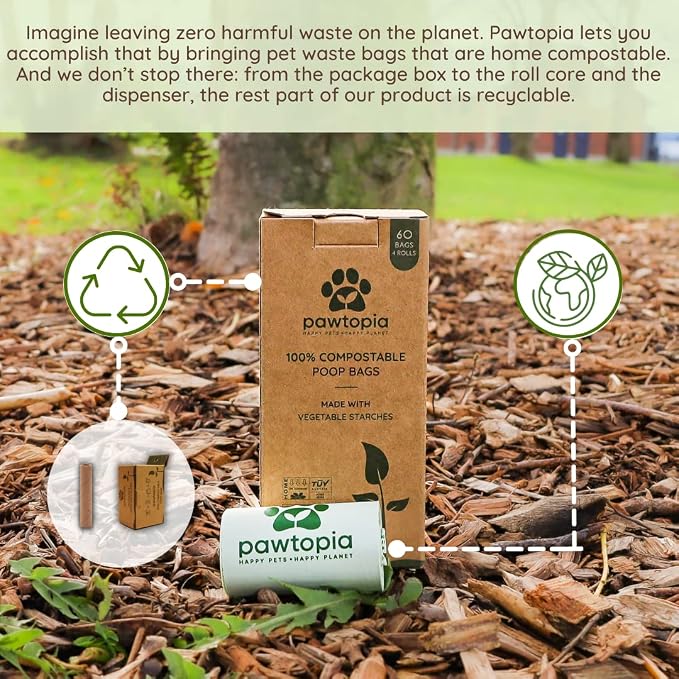 Pawtopia Biodegradable Dog Poop Bags, 60 Count, Certified Home Compostable, Leak-Proof, Easy Open, Standard Size, Supports Sustainable Living