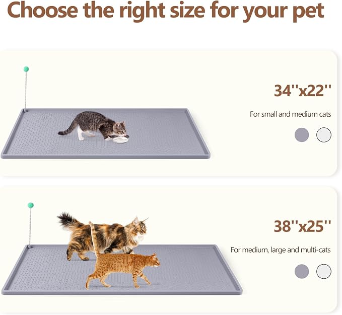 Silicone Cat Litter Box Mat 34'' x 22'' Cat Mat with Toy, Grey | Extra Large Litter Mat with lip, Non-Slip Waterproof Cat Litter Mat Litter Trapping Mat for Floor, Easy to Clean