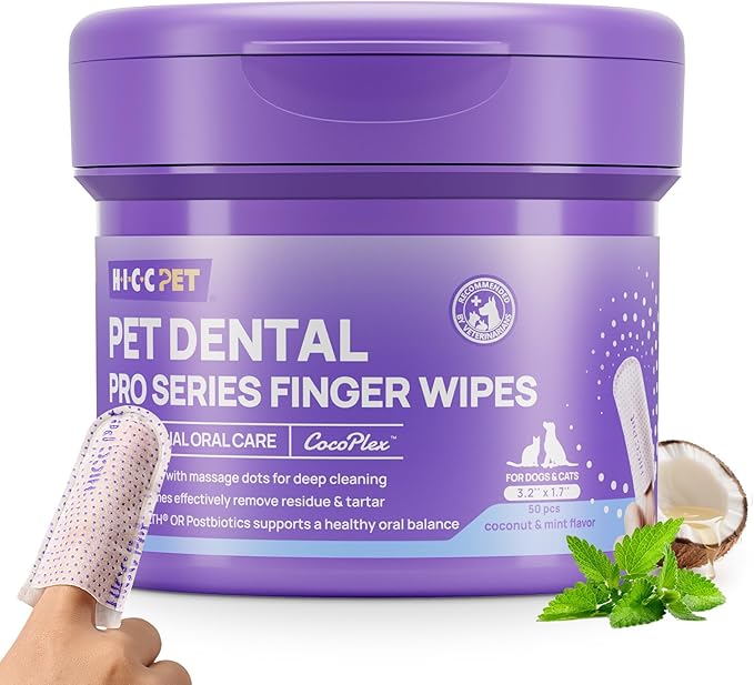 HICC PET Pro Dog Teeth Cleaning Finger Wipes for Dogs & Cats, No-Rinse Daily Oral Care Wipes, Soft Textured Finger Wipes for Teeth & Gum Cleaning, Dog Toothbrush Alternative, 50 Count, Mint