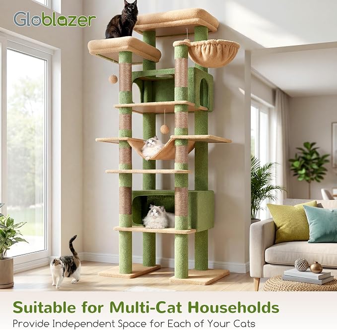 Globlazer Cactus Giant Tall Heavy Duty Cat Tower for Indoor Large Cat, F83B | XXL Multi-Level Large Cat Condo with 8 Scratching Posts, Hammock, 2 Cat Caves, 2 Platform, Green