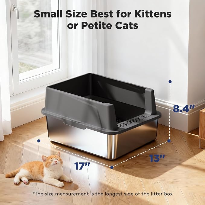 FURTIME 2 Pack Stainless Steel Cat Litter Box with Lid, Metal Kitty Litter Box for Small Cats, Kitten Litter Boxs with Non-Sticky, Anti-Leakage, Easy to Clean, 17"x13"x8.4" (Small)
