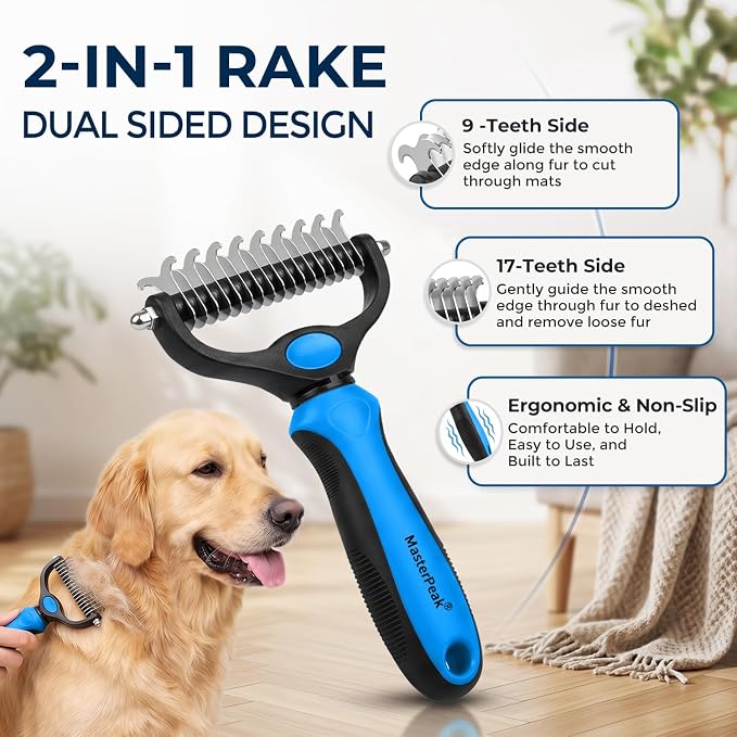 3-in-1 Pet Grooming Kit Rake Metal Comb & Bath Brush Blue | Double-Sided Dematting Undercoat Rake, Deshedding Metal Comb, Bath Brush For Dogs and Cats